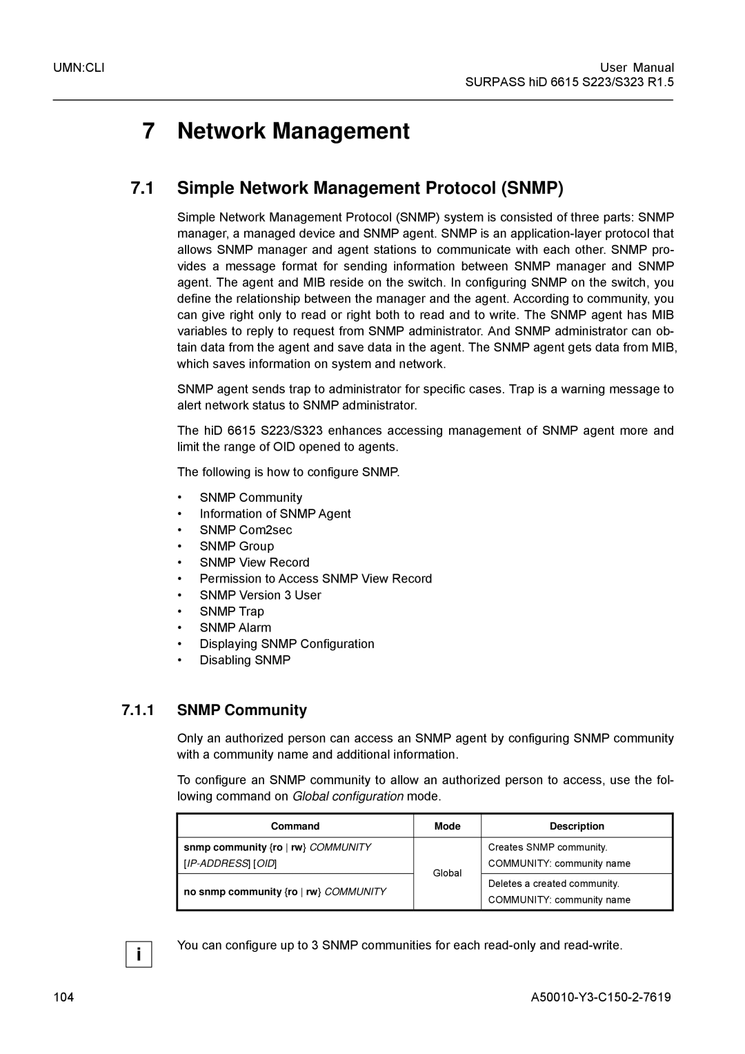 Siemens S323, S223 user manual Simple Network Management Protocol Snmp, Snmp Community, No snmp community ro rw Community 