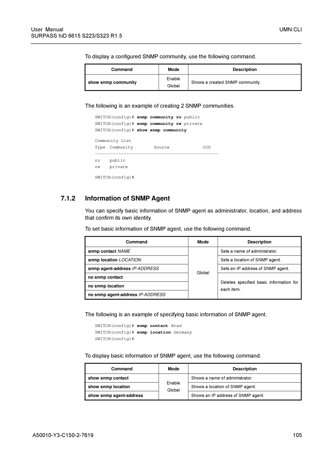 Siemens S223 Information of Snmp Agent, Following is an example of creating 2 Snmp communities, A50010-Y3-C150-2-7619 105 