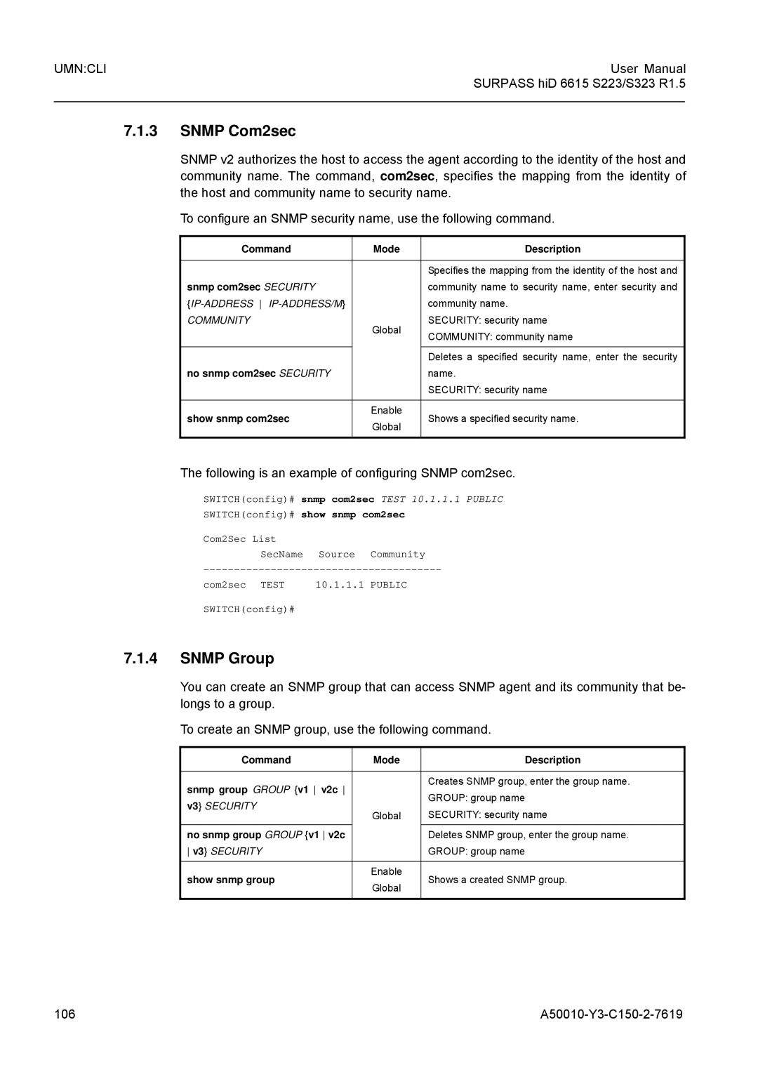 Siemens S323 Snmp Com2sec, Snmp Group, Following is an example of configuring Snmp com2sec, 106 A50010-Y3-C150-2-7619 