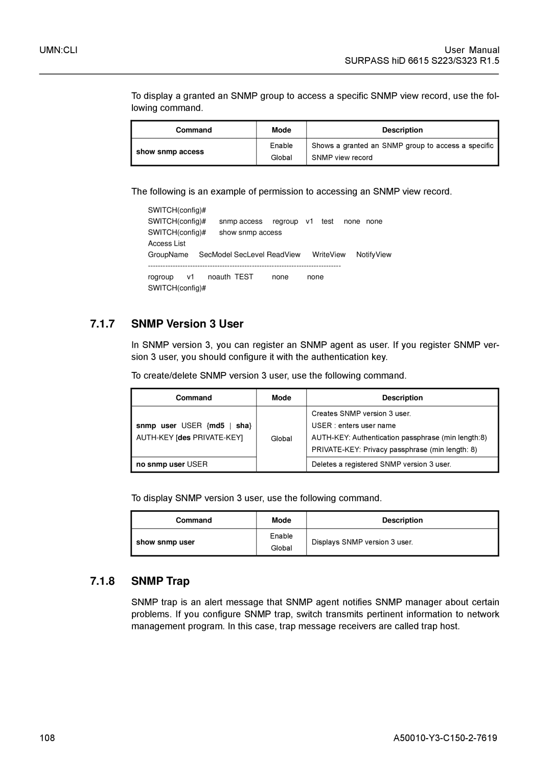 Siemens S323 Snmp Version 3 User, Snmp Trap, Lowing command, To display Snmp version 3 user, use the following command 