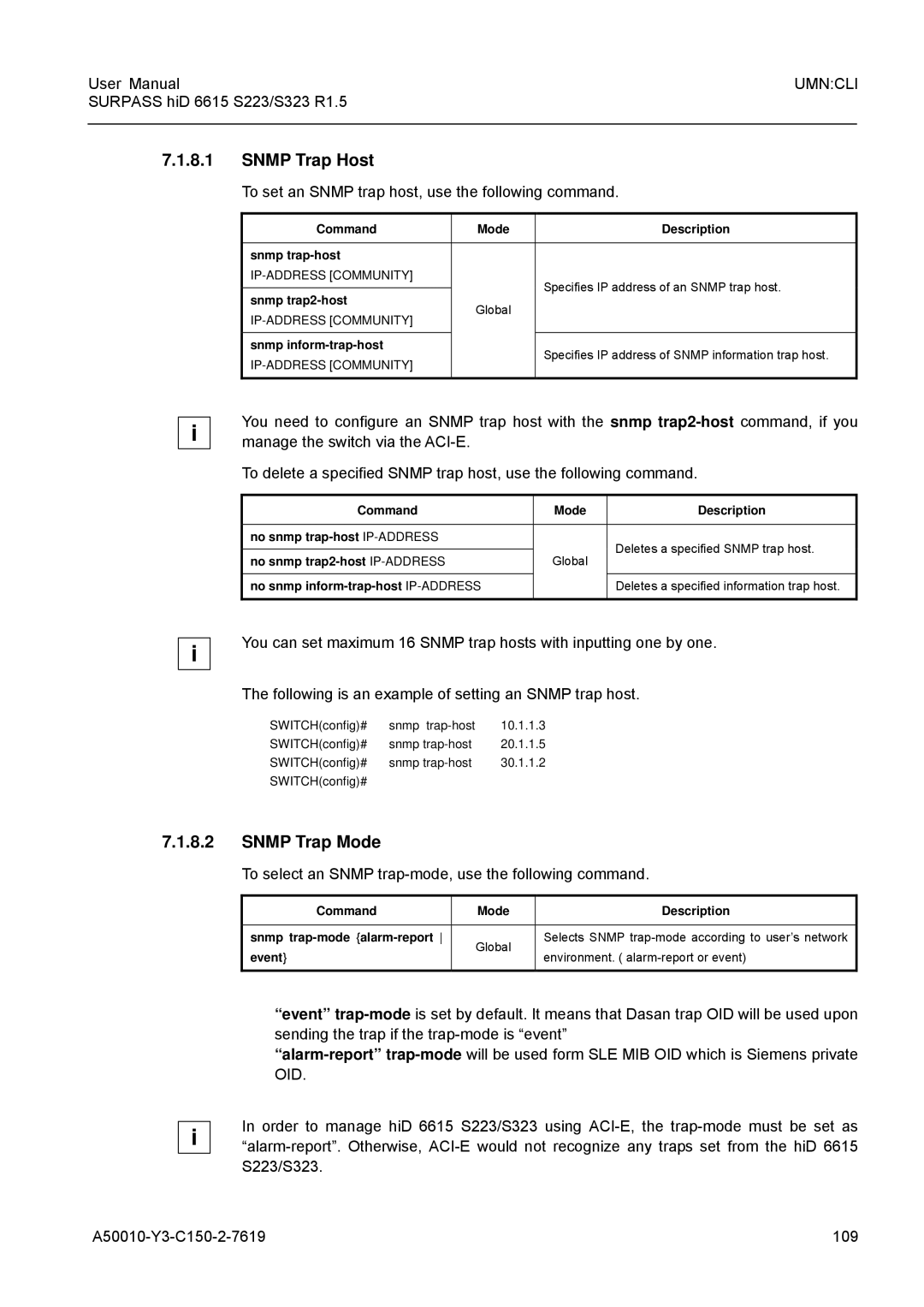 Siemens S223, S323 user manual Snmp Trap Host, Snmp Trap Mode, To set an Snmp trap host, use the following command 