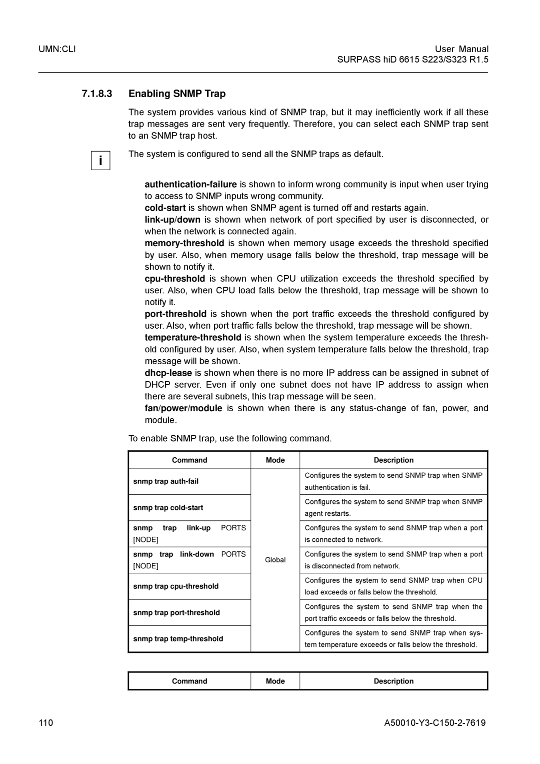 Siemens S323, S223 user manual Enabling Snmp Trap, 110 A50010-Y3-C150-2-7619 