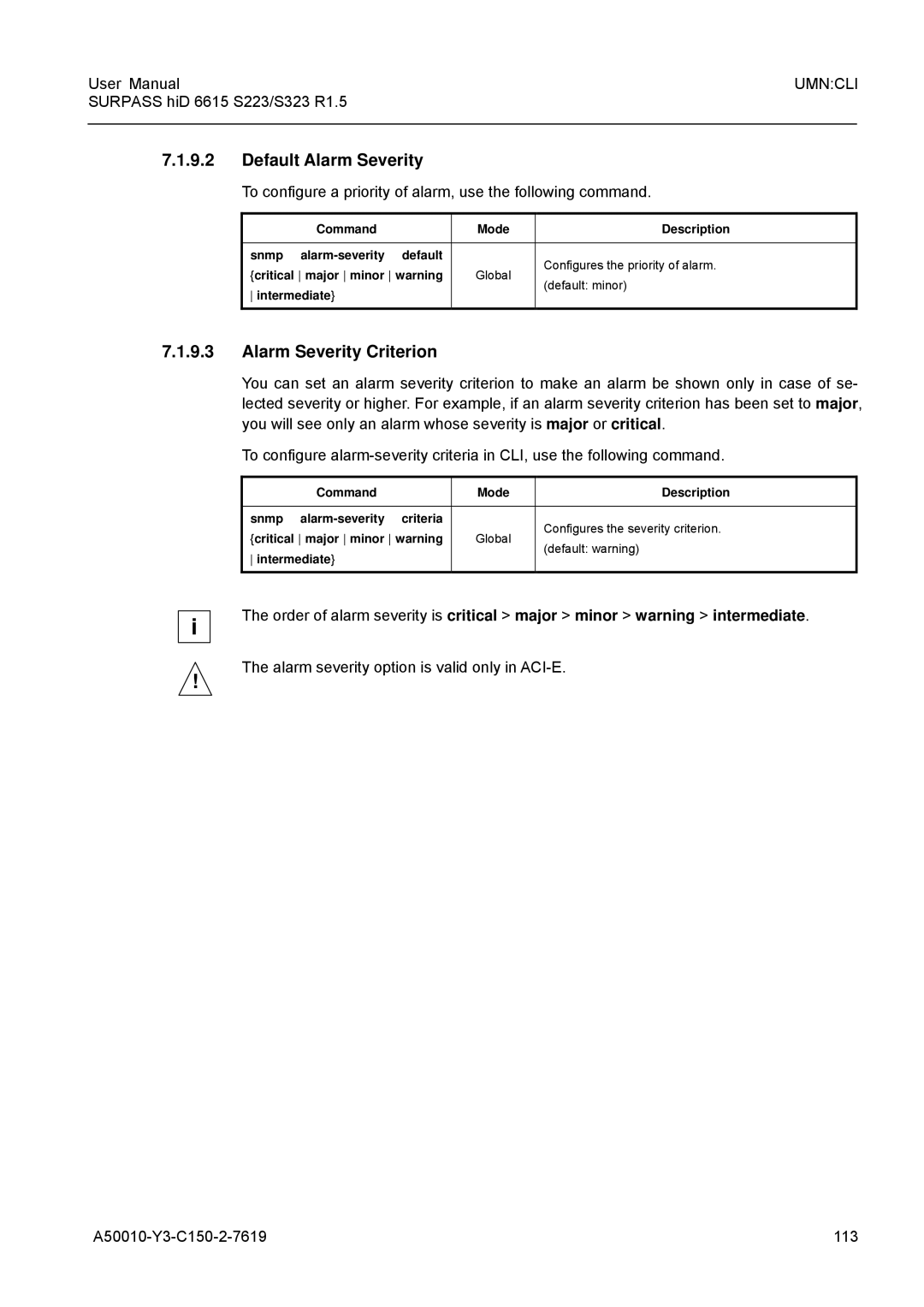 Siemens S223 Default Alarm Severity, Alarm Severity Criterion, To configure a priority of alarm, use the following command 