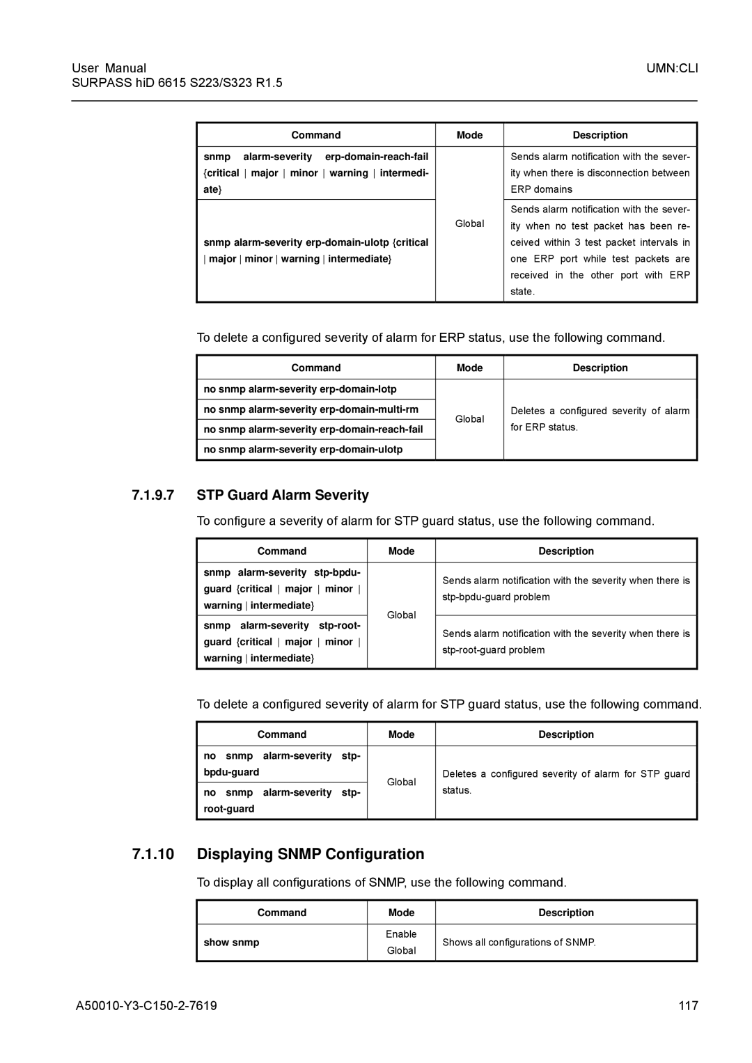 Siemens S223, S323 user manual Displaying Snmp Configuration, STP Guard Alarm Severity, A50010-Y3-C150-2-7619 117 