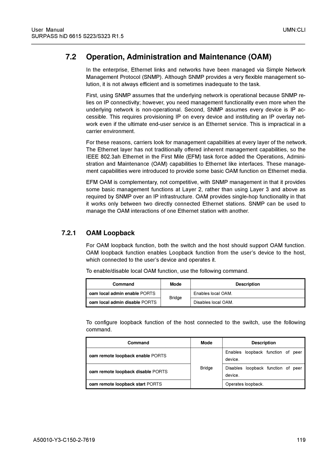 Siemens S223 Operation, Administration and Maintenance OAM, OAM Loopback, A50010-Y3-C150-2-7619 119, Disables local OAM 