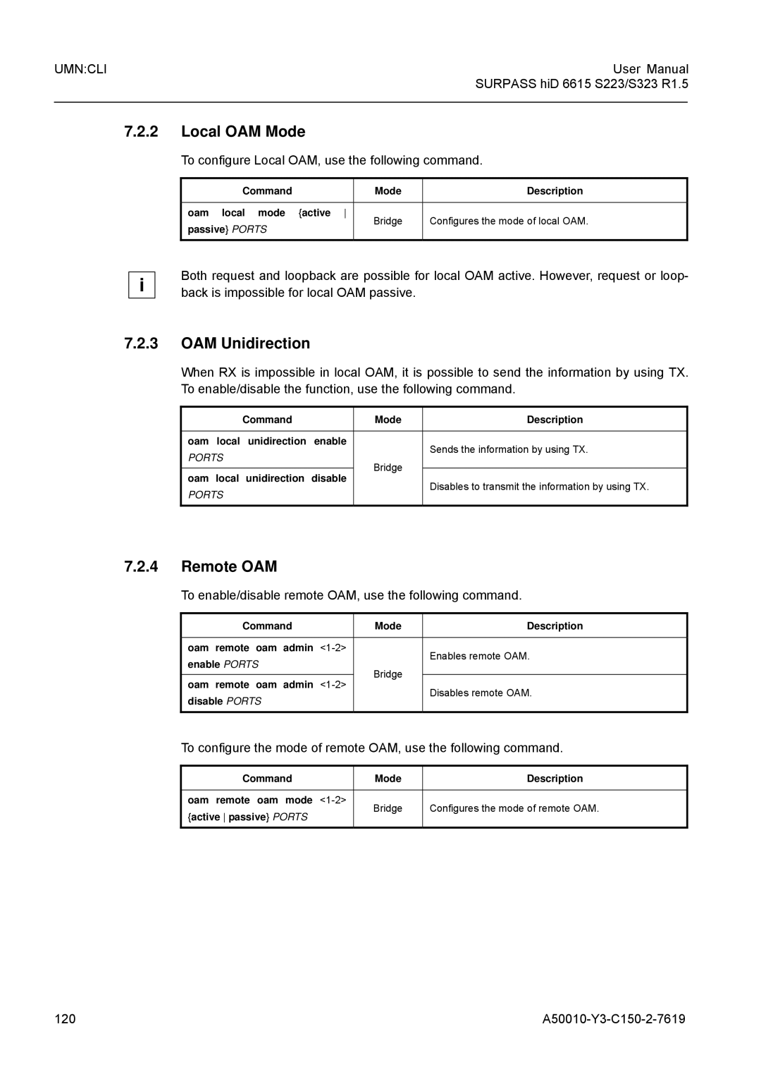 Siemens S323, S223 user manual Local OAM Mode, OAM Unidirection, Remote OAM 