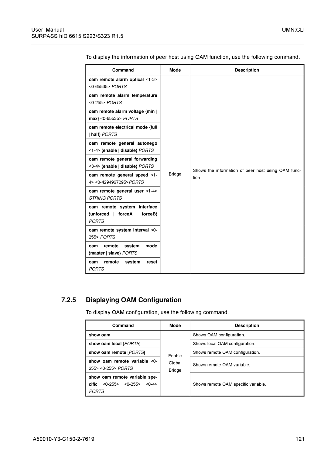 Siemens S223, S323 user manual Displaying OAM Configuration, To display OAM configuration, use the following command 