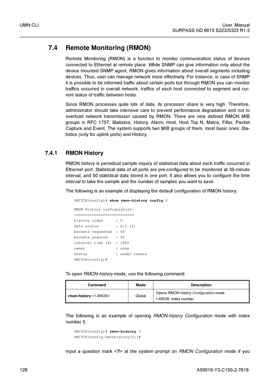 Siemens S323, S223 user manual Remote Monitoring Rmon, Rmon History, To open RMON-historymode, use the following command 