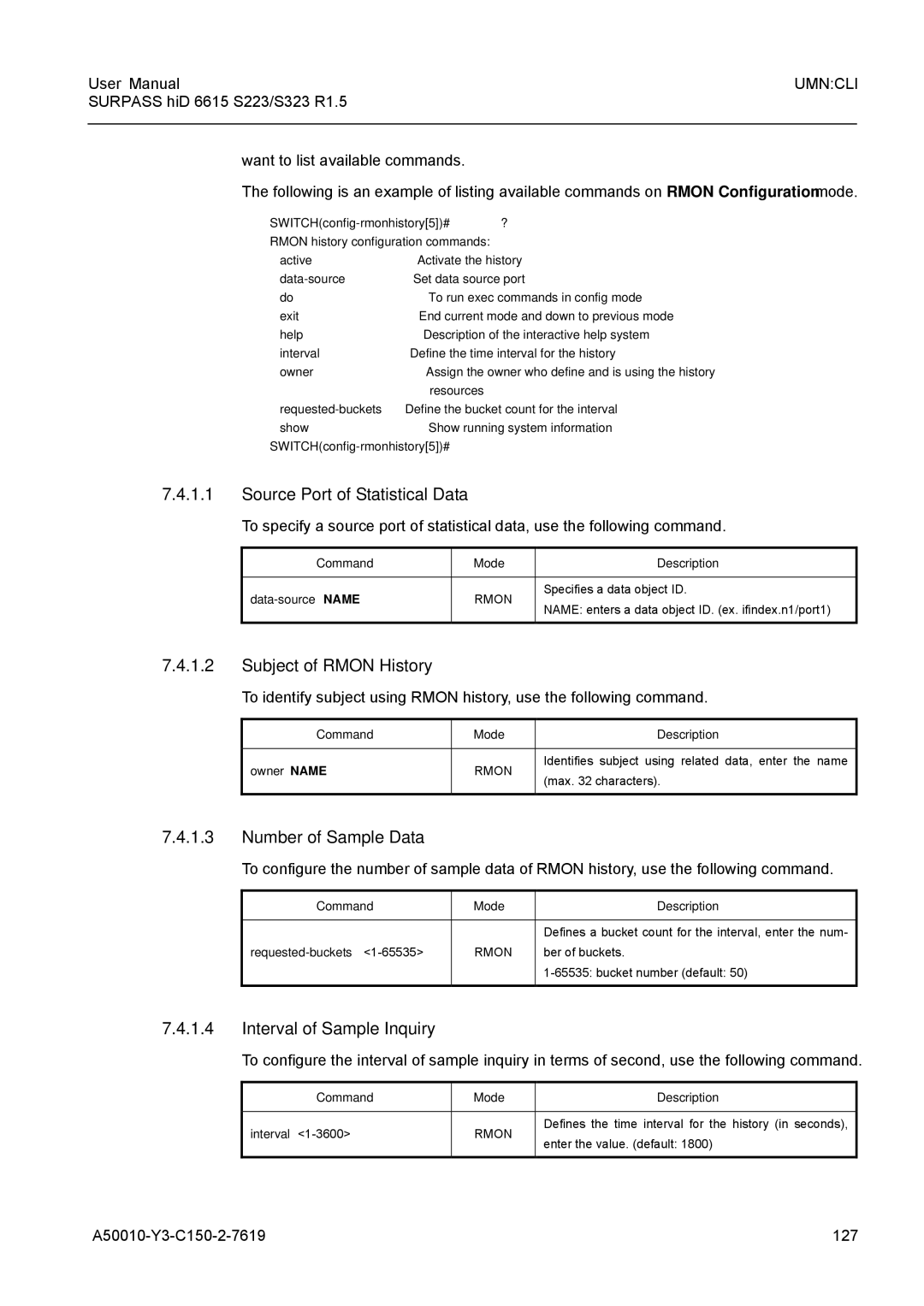 Siemens S223 Source Port of Statistical Data, Subject of Rmon History, Number of Sample Data, Interval of Sample Inquiry 