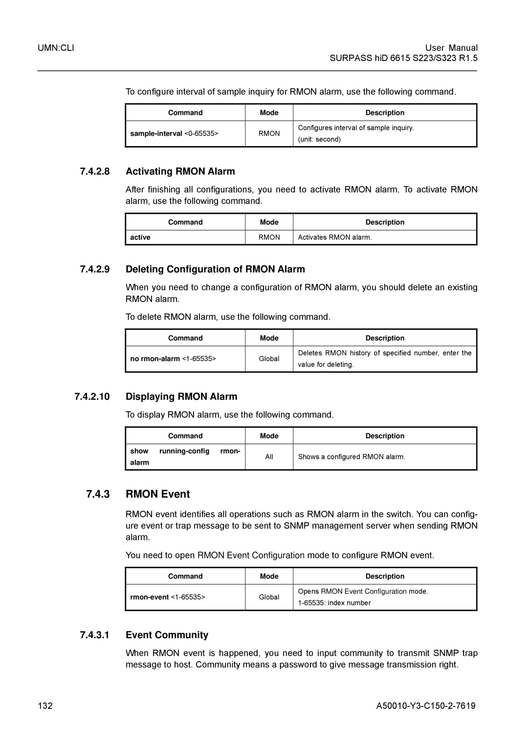 Siemens S323, S223 Rmon Event, Activating Rmon Alarm, Deleting Configuration of Rmon Alarm, Displaying Rmon Alarm 