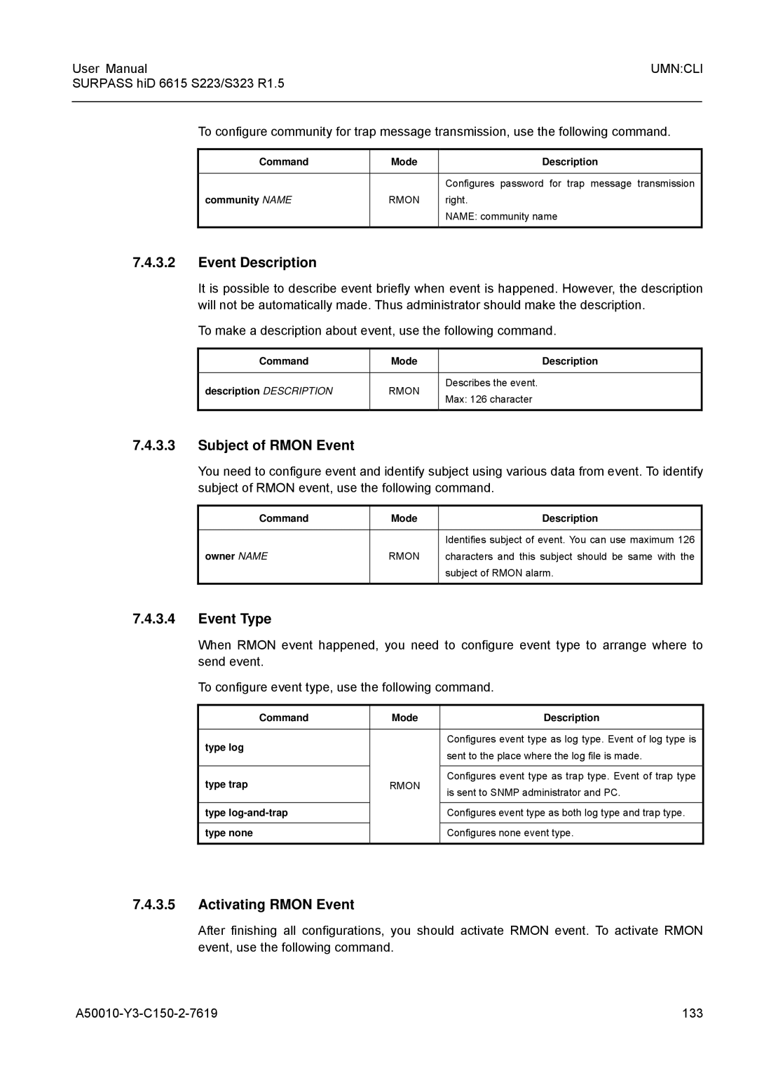 Siemens S223, S323 user manual Event Description, Subject of Rmon Event, Event Type, Activating Rmon Event 