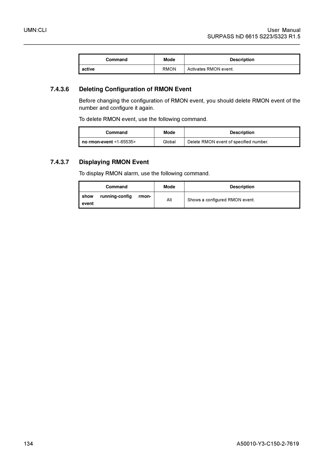 Siemens S323 Deleting Configuration of Rmon Event, Displaying Rmon Event, 134 A50010-Y3-C150-2-7619, Activates Rmon event 