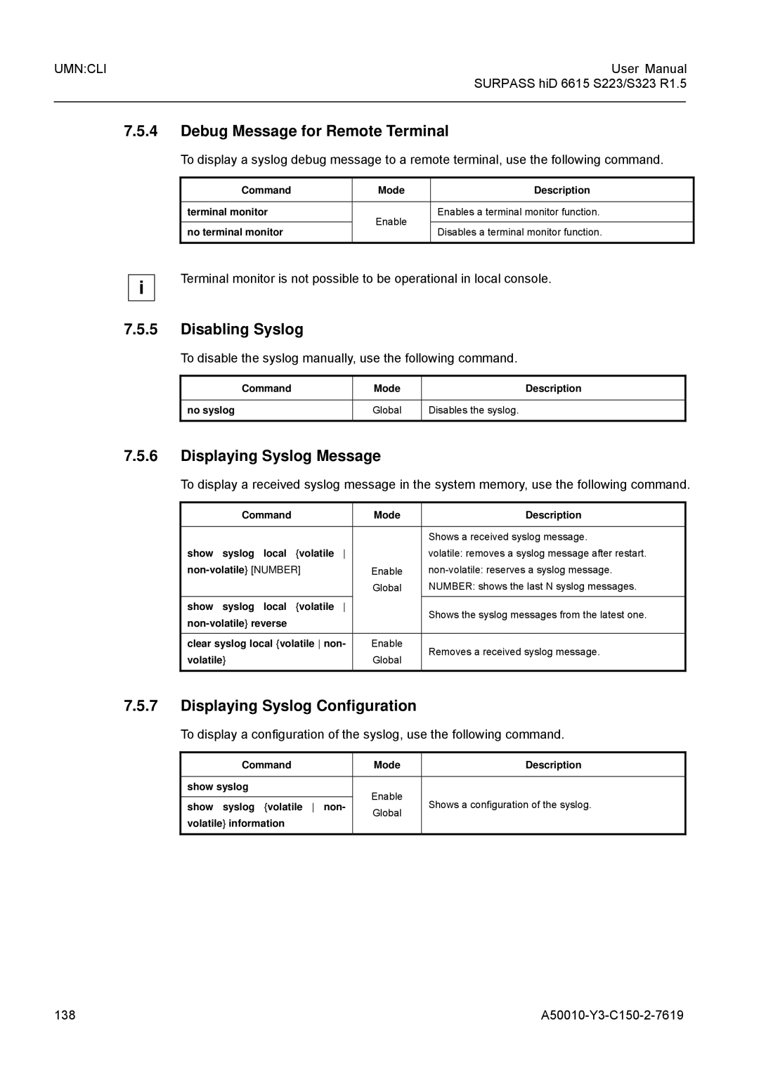 Siemens S323, S223 user manual Debug Message for Remote Terminal, Disabling Syslog, Displaying Syslog Message 