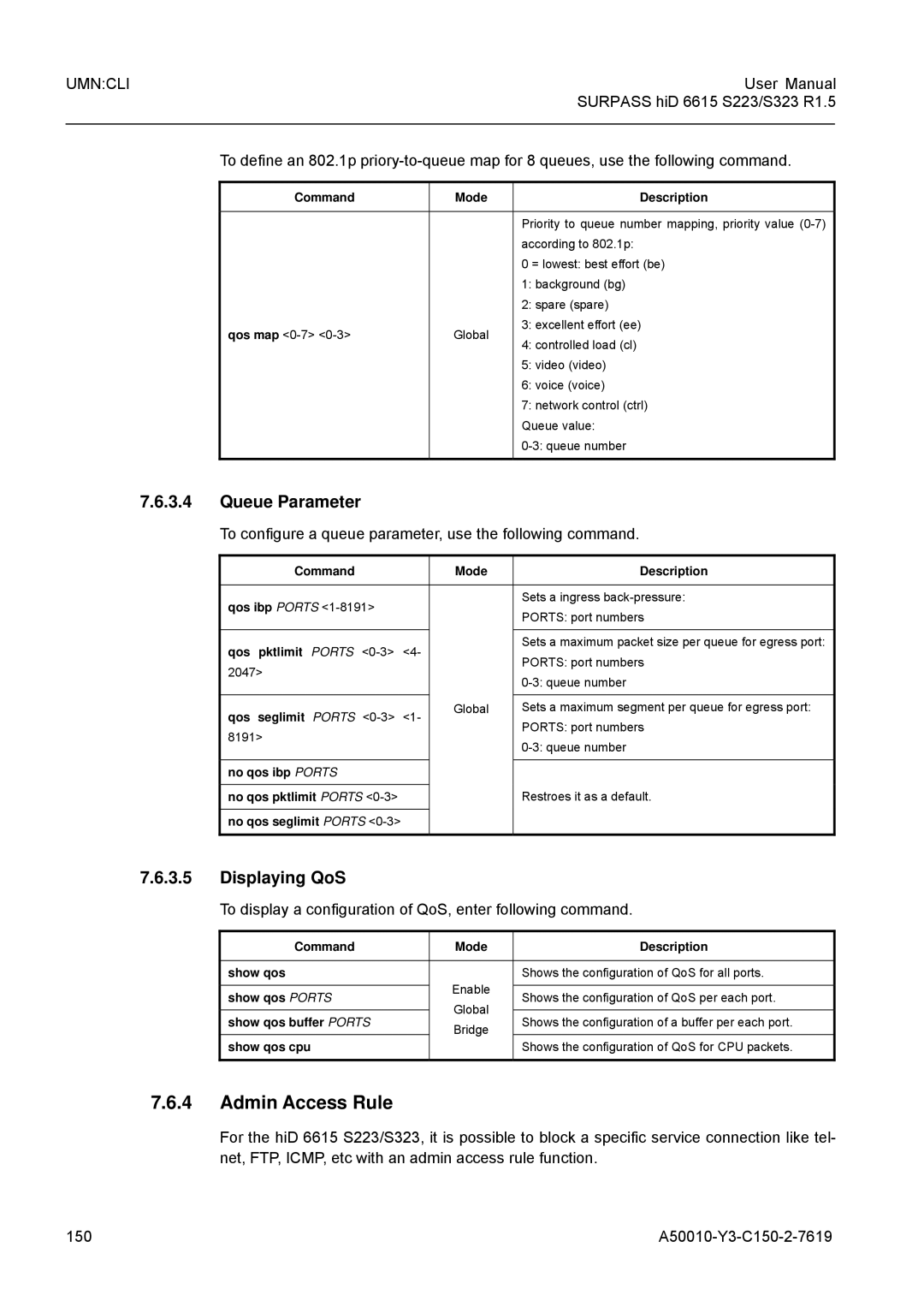 Siemens S323 Admin Access Rule, Queue Parameter, Displaying QoS, To configure a queue parameter, use the following command 