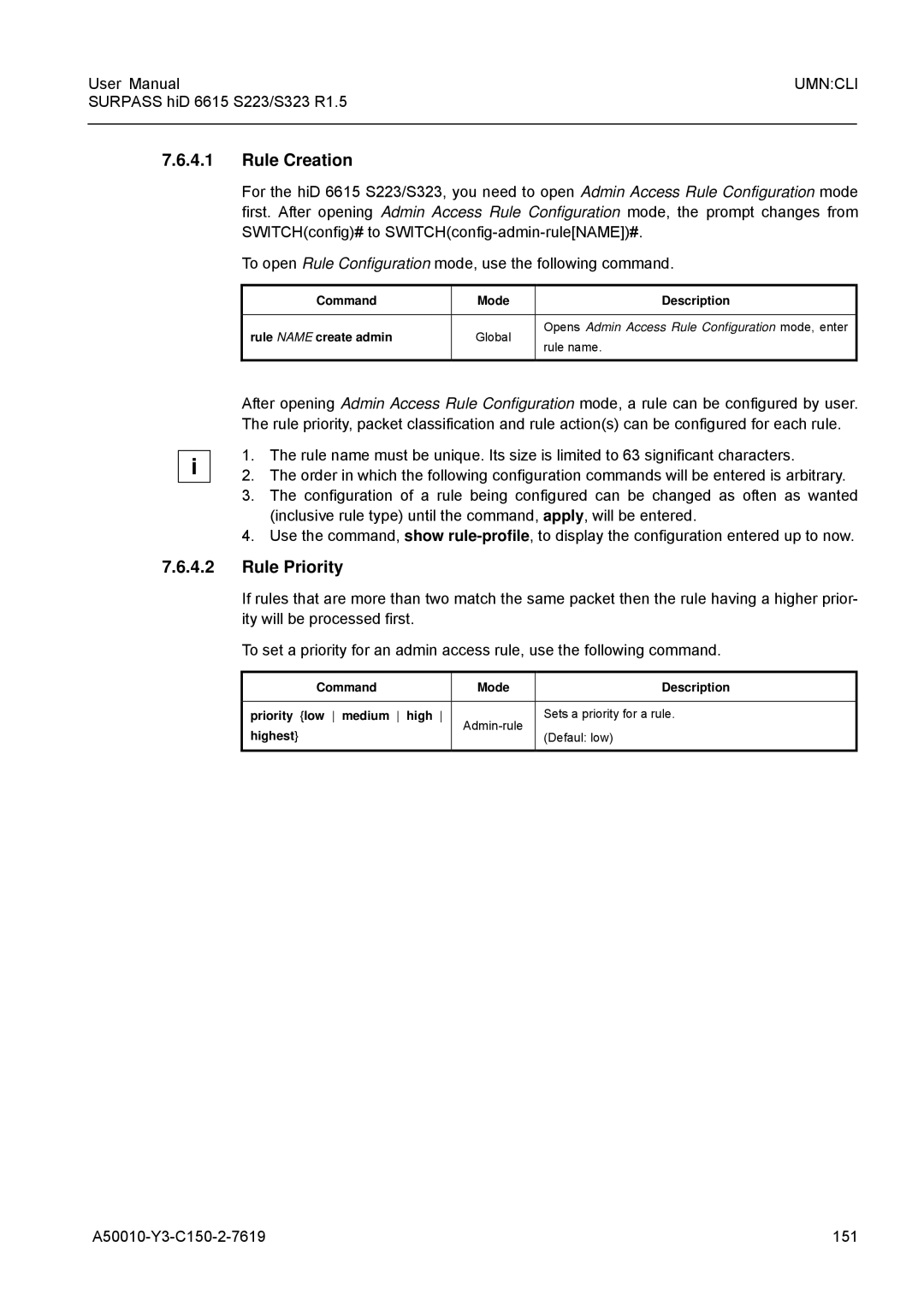 Siemens S223, S323 A50010-Y3-C150-2-7619 151, Command Mode Description Rule Name create admin, Highest Defaul low 