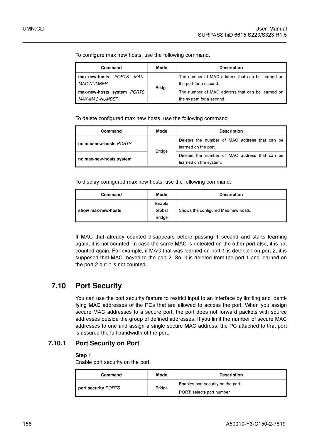 Siemens S323 Port Security on Port, To configure max new hosts, use the following command, 158 A50010-Y3-C150-2-7619 