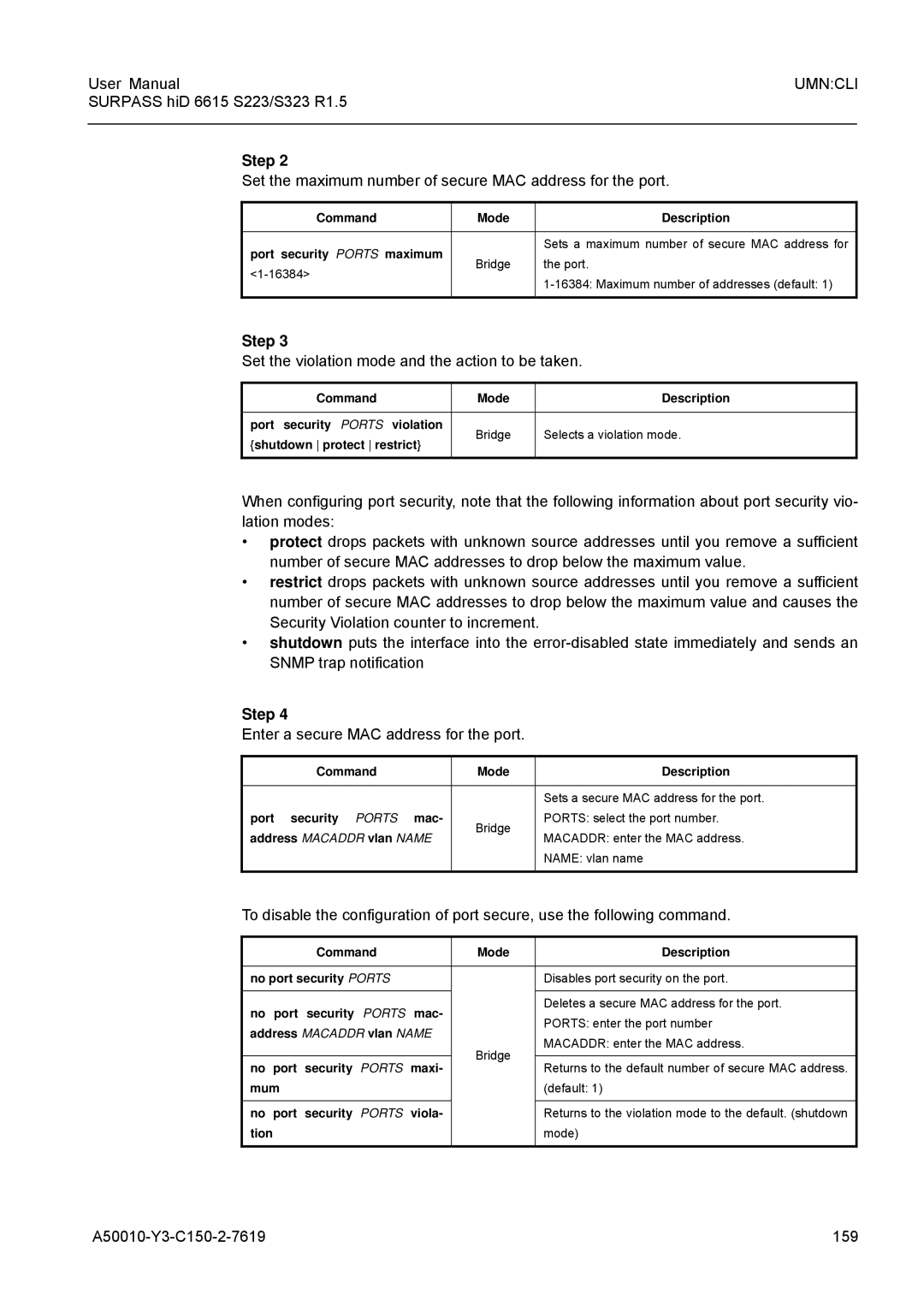 Siemens S223 Set the maximum number of secure MAC address for the port, Set the violation mode and the action to be taken 