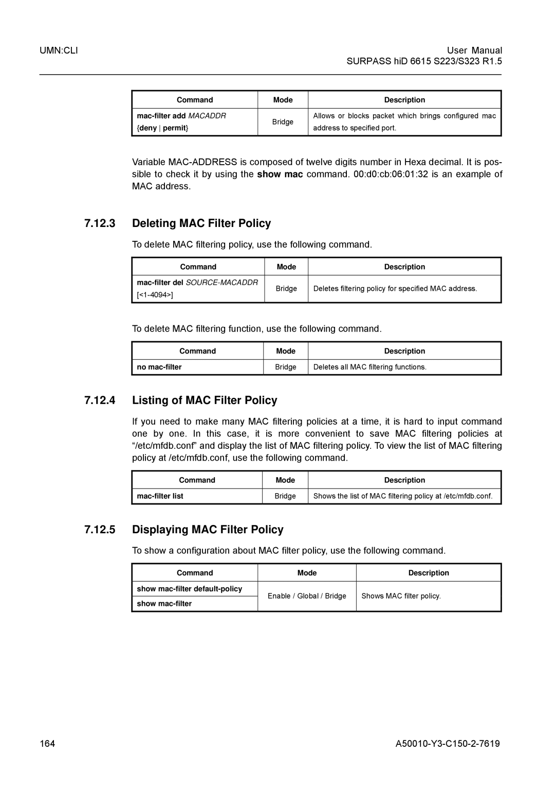 Siemens S323, S223 user manual Deleting MAC Filter Policy, Listing of MAC Filter Policy, Displaying MAC Filter Policy 