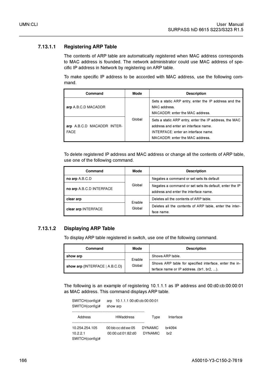 Siemens S323, S223 user manual Registering ARP Table, Displaying ARP Table, 166 A50010-Y3-C150-2-7619 