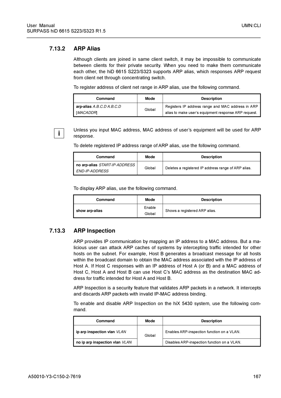 Siemens S223, S323 ARP Alias, ARP Inspection, To display ARP alias, use the following command, A50010-Y3-C150-2-7619 167 