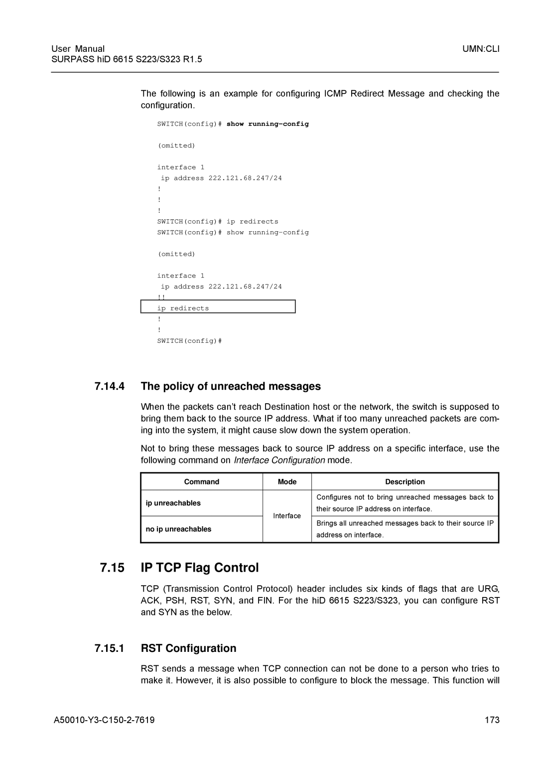 Siemens S223, S323 user manual IP TCP Flag Control, Policy of unreached messages, RST Configuration 