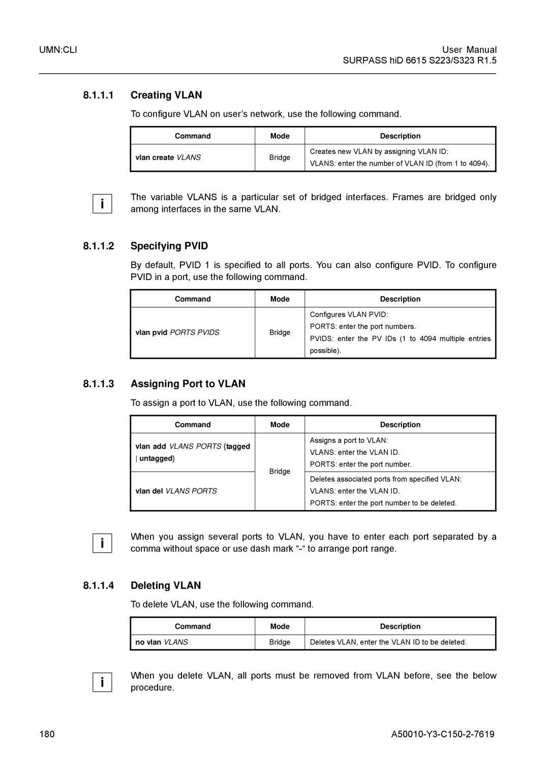 Siemens S323, S223 user manual Creating Vlan, Specifying Pvid, Assigning Port to Vlan, Deleting Vlan 