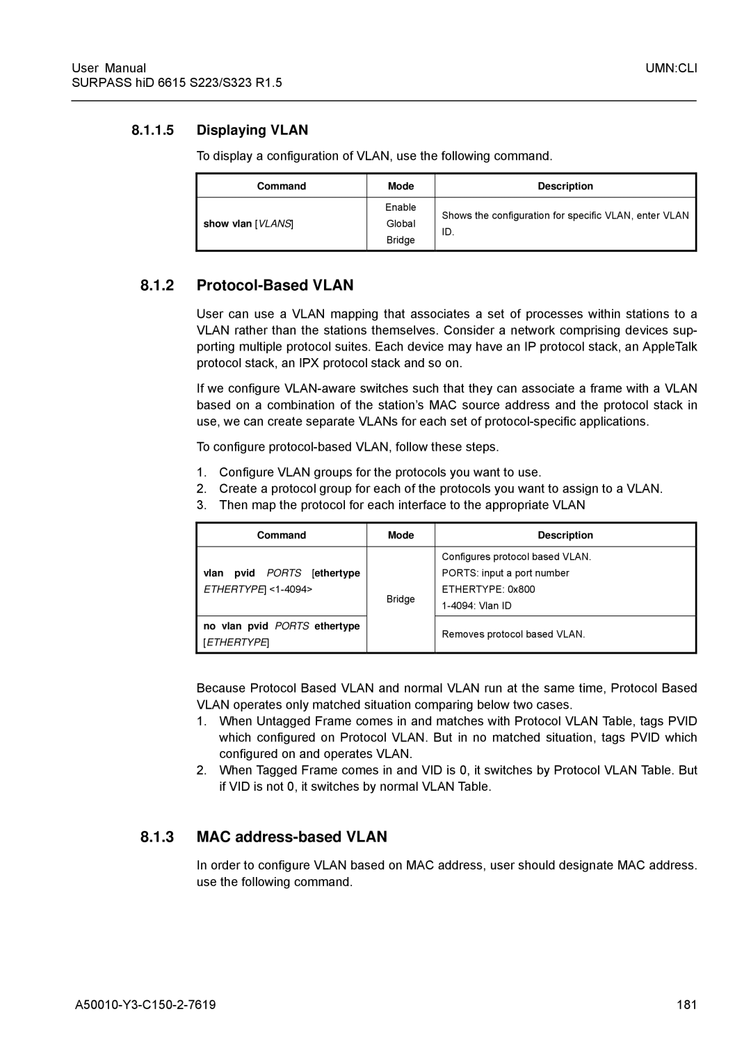 Siemens S223, S323 user manual Protocol-Based Vlan, MAC address-based Vlan, Displaying Vlan 