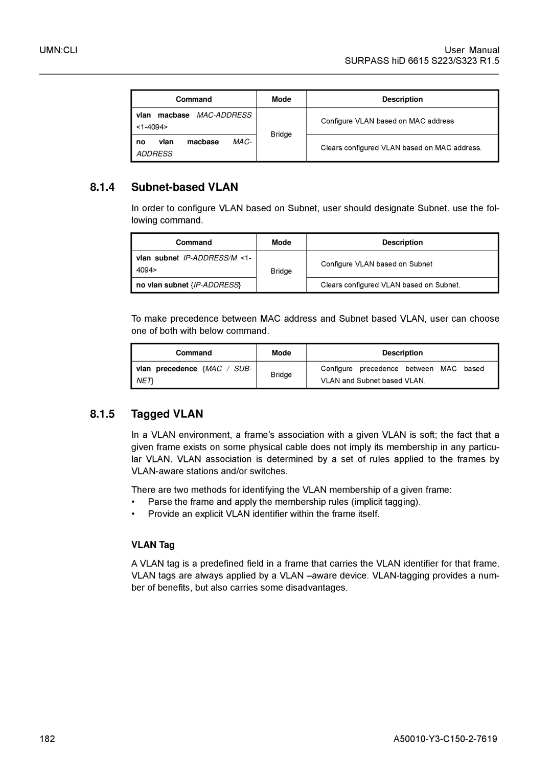 Siemens S323, S223 user manual Subnet-based Vlan, Tagged Vlan, Vlan Tag, Macbase MAC-ADDRESS 