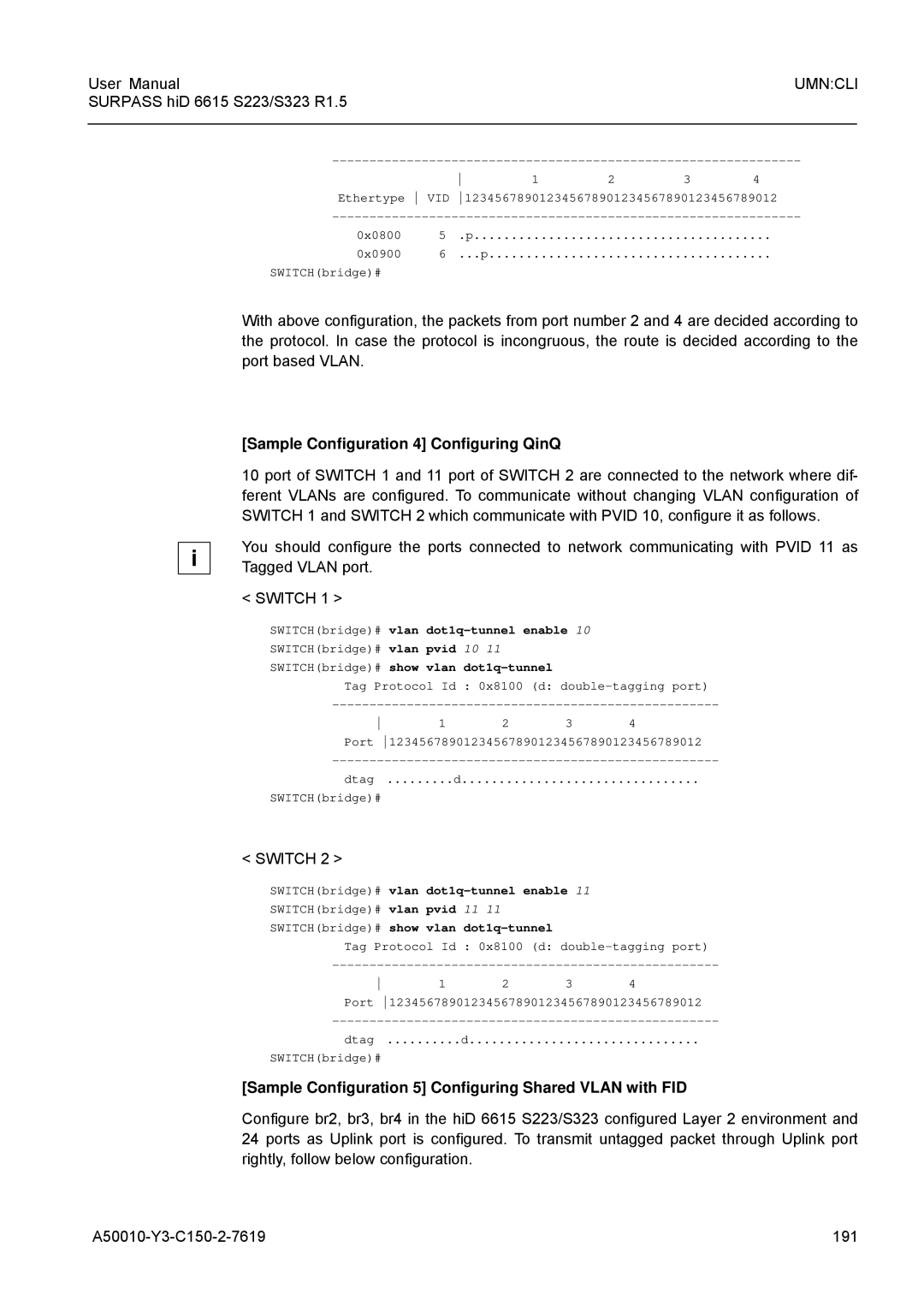 Siemens S223 Sample Configuration 4 Configuring QinQ, Switch, Sample Configuration 5 Configuring Shared Vlan with FID 