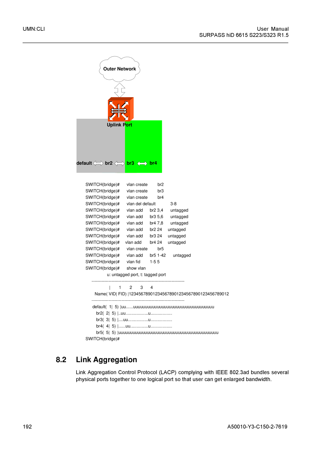 Siemens S323, S223 user manual Link Aggregation, SWITCHbridge# vlan add br5 1-42untagged 