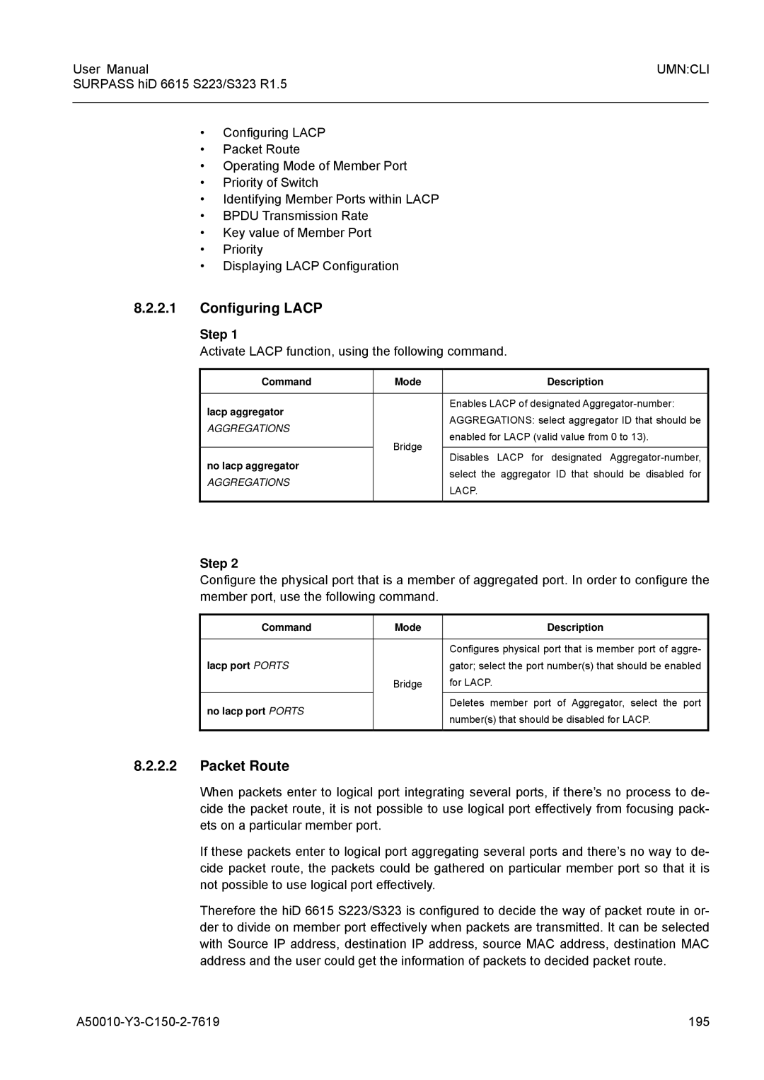 Siemens S223, S323 user manual Configuring Lacp, Packet Route, Activate Lacp function, using the following command 