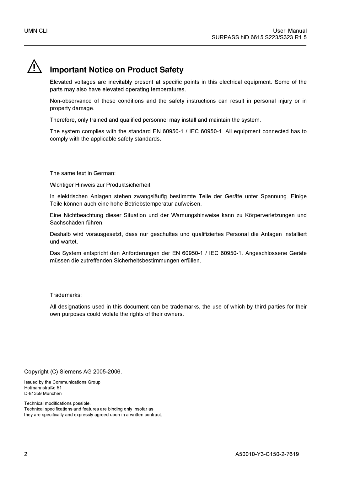 Siemens user manual Important Notice on Product Safety, Surpass hiD 6615 S223/S323 R1.5, A50010-Y3-C150-2-7619 