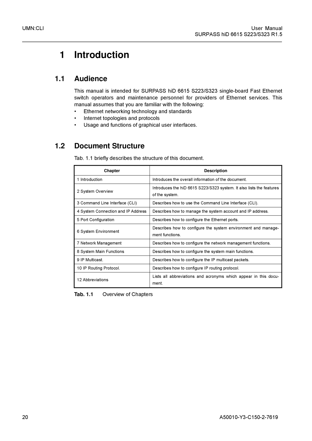 Siemens S323 Audience, Document Structure, Tab .1 briefly describes the structure of this document, Chapter Description 