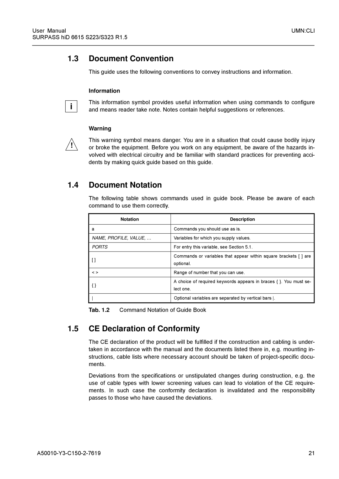 Siemens S223, S323 user manual Document Convention, Document Notation, CE Declaration of Conformity, Information 