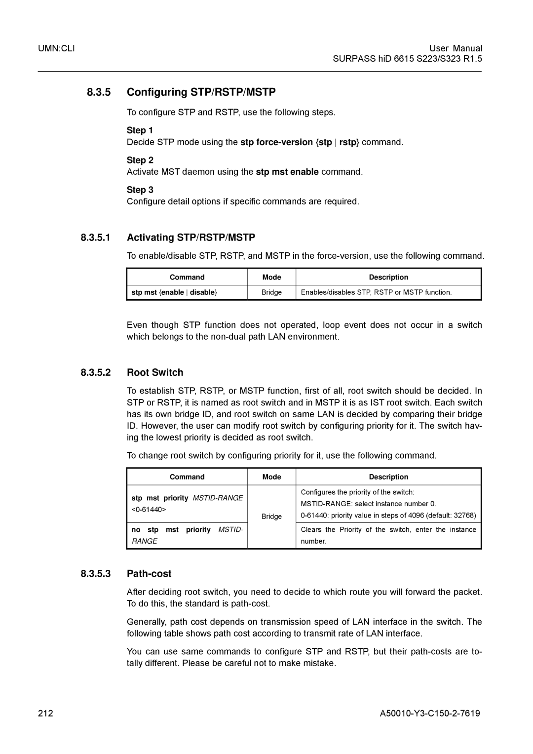 Siemens S323, S223 user manual Configuring STP/RSTP/MSTP, Activating STP/RSTP/MSTP, Root Switch, Path-cost 