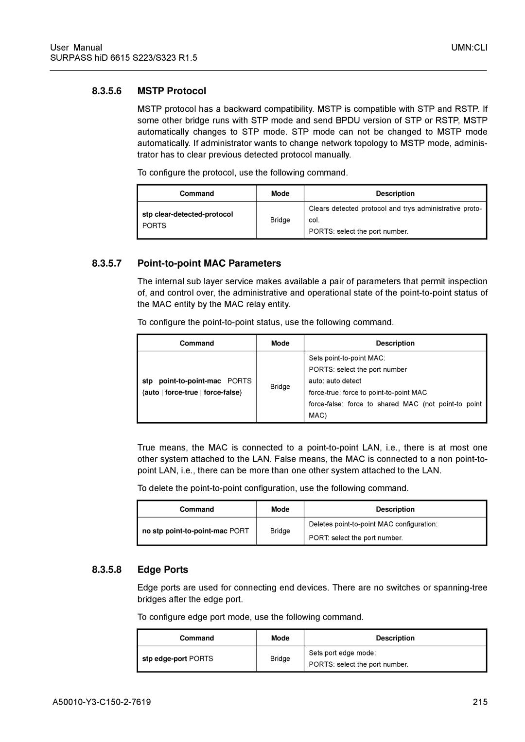 Siemens S223, S323 user manual Mstp Protocol, Point-to-point MAC Parameters, Edge Ports, A50010-Y3-C150-2-7619 215 