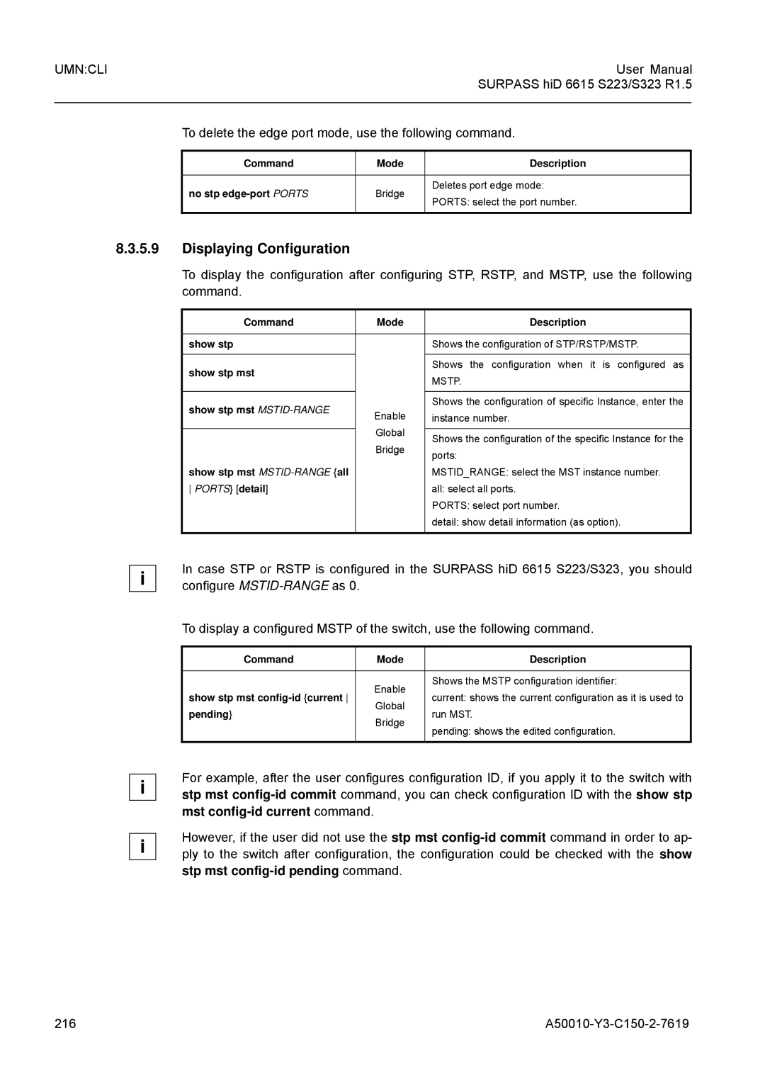 Siemens S323, S223 user manual Displaying Configuration, To delete the edge port mode, use the following command 