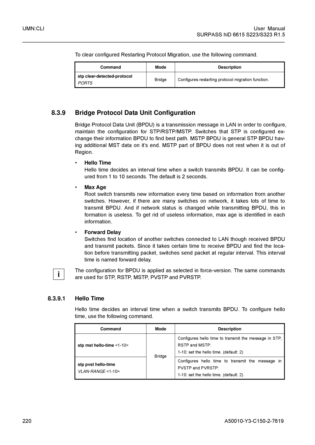 Siemens S323, S223 user manual Bridge Protocol Data Unit Configuration, Hello Time, Max Age, Forward Delay 