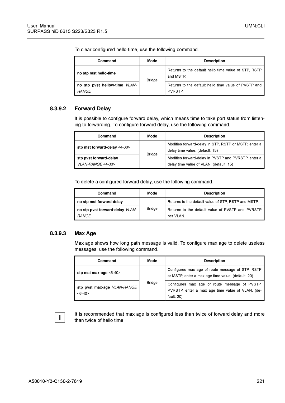 Siemens S223, S323 user manual Forward Delay, Max Age 