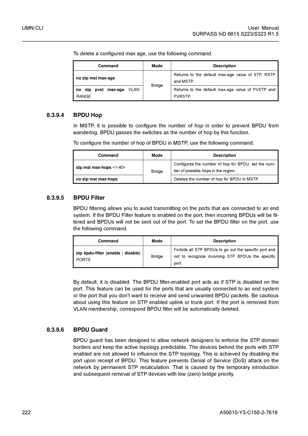 Siemens S323, S223 user manual Bpdu Hop, Bpdu Filter, Bpdu Guard, To delete a configured max age, use the following command 