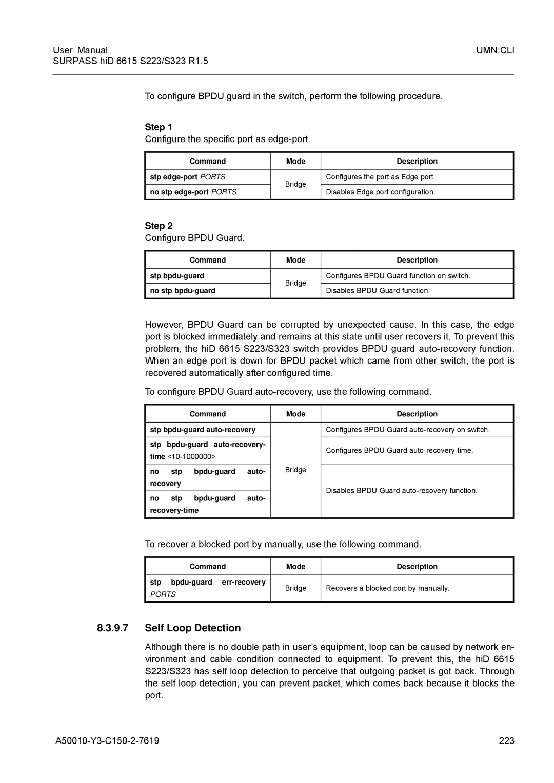 Siemens S223, S323 user manual Self Loop Detection, Configure the specific port as edge-port, Configure Bpdu Guard 