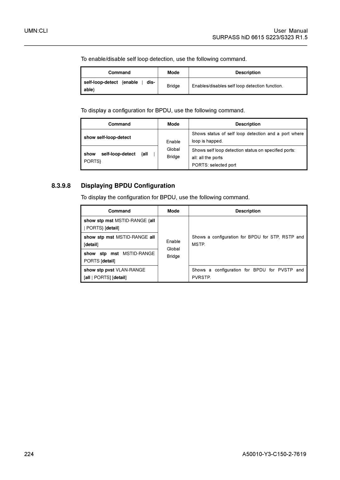 Siemens S323, S223 user manual Displaying Bpdu Configuration, 224 A50010-Y3-C150-2-7619 