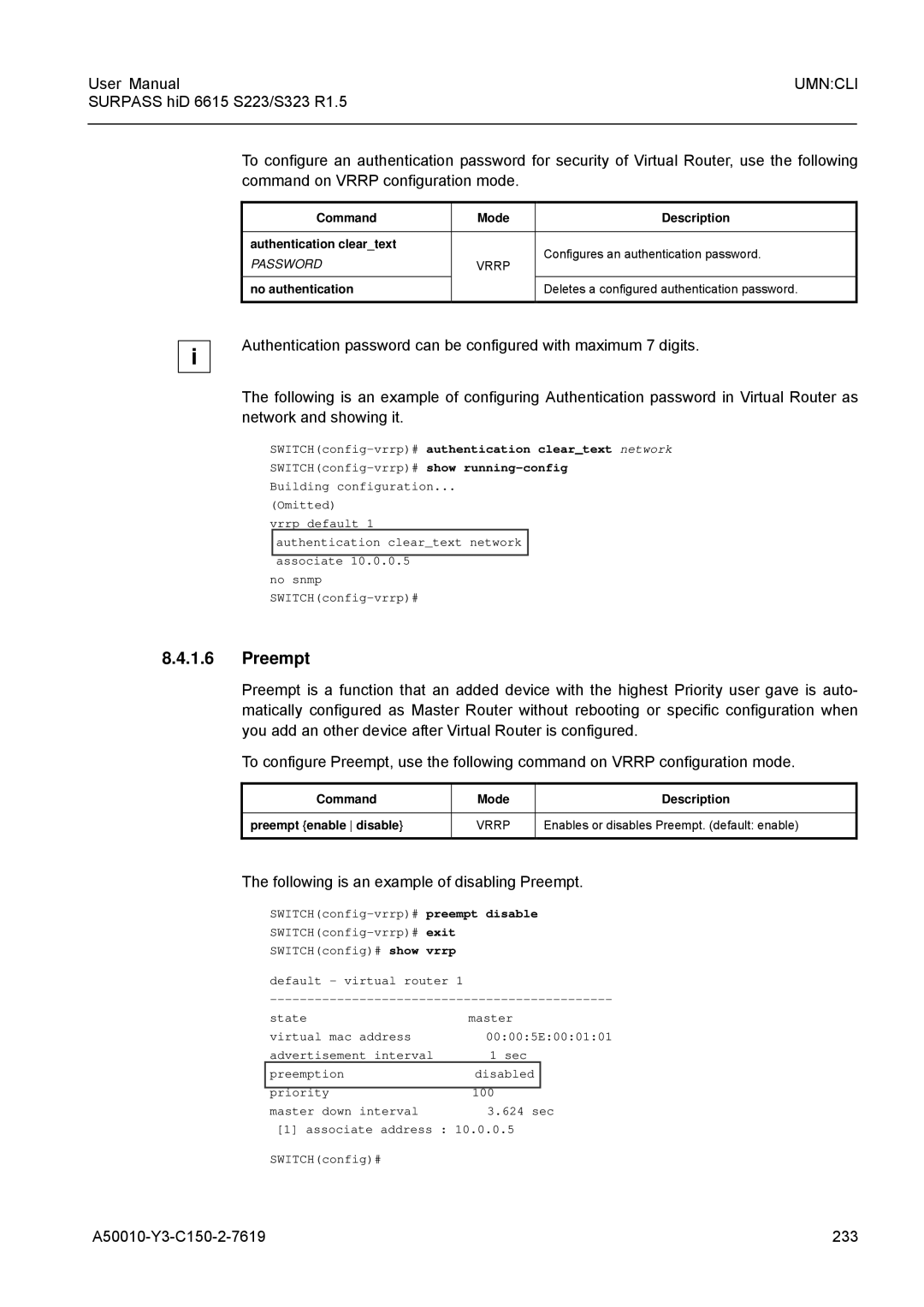 Siemens S223, S323 user manual Following is an example of disabling Preempt, A50010-Y3-C150-2-7619 233 