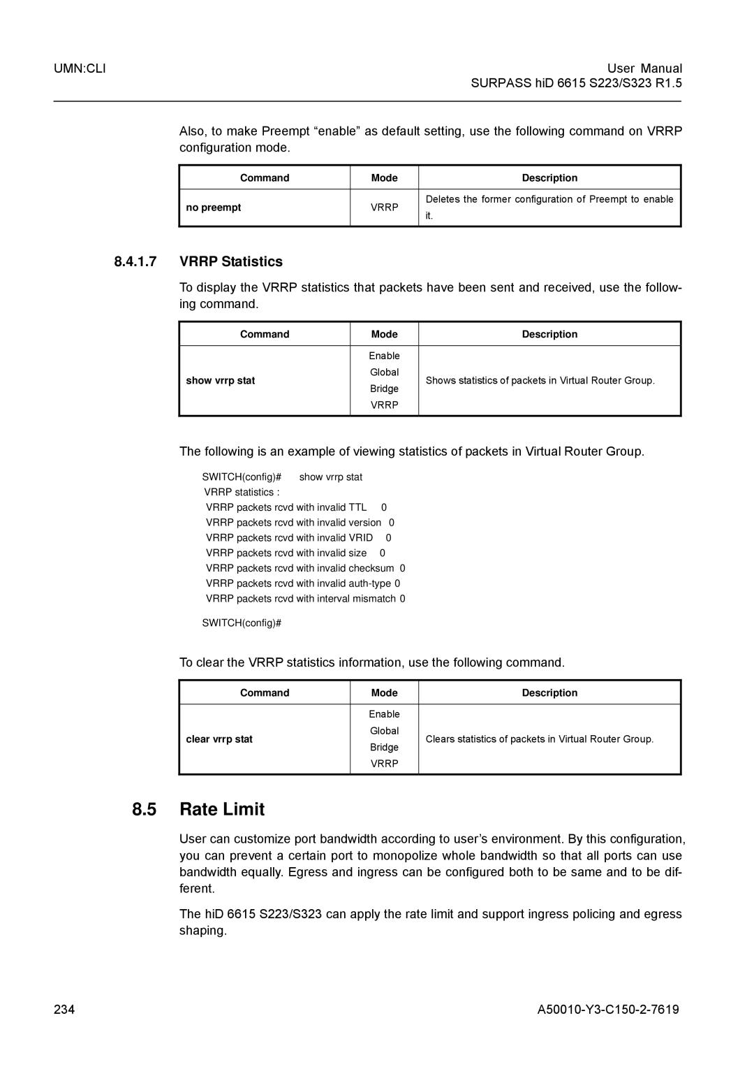 Siemens S323, S223 user manual Rate Limit, Vrrp Statistics, Configuration mode 