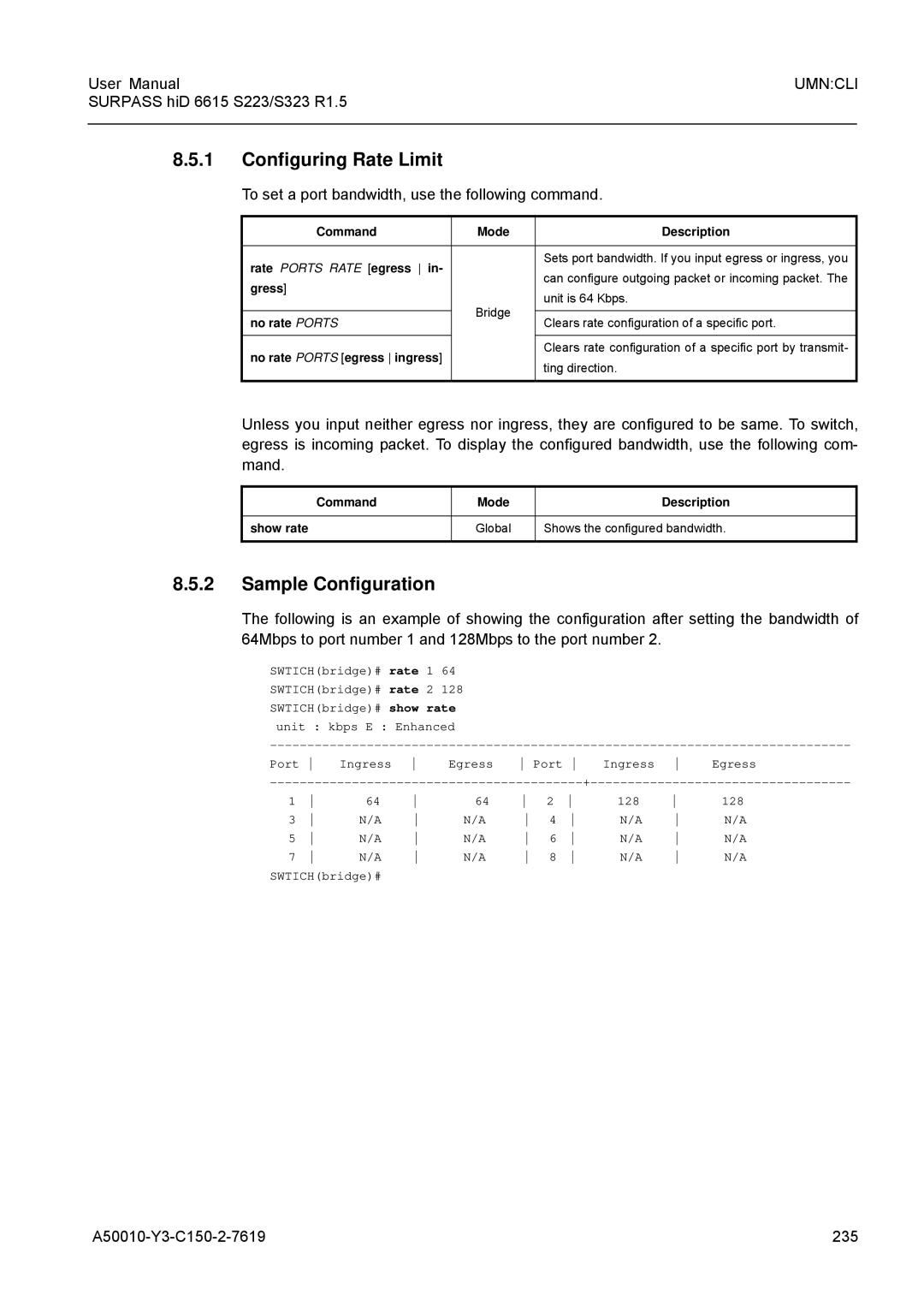 Siemens S223, S323 Configuring Rate Limit, To set a port bandwidth, use the following command, A50010-Y3-C150-2-7619 235 