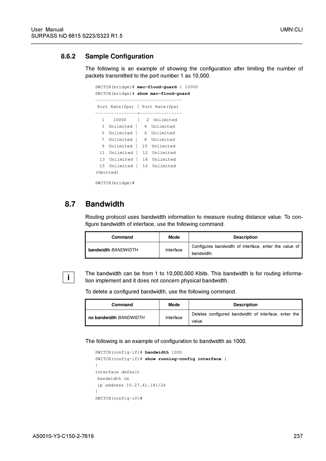 Siemens S223, S323 Bandwidth, Following is an example of configuration to bandwidth as, A50010-Y3-C150-2-7619 237 