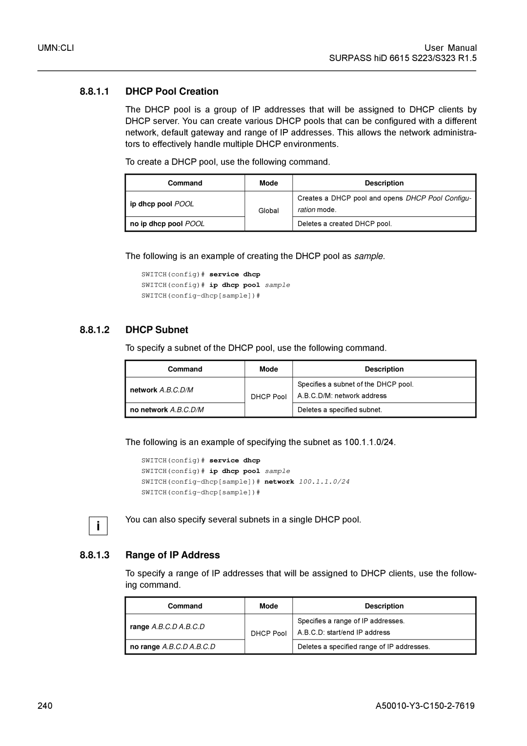 Siemens S323, S223 user manual Dhcp Pool Creation, Dhcp Subnet, Range of IP Address 