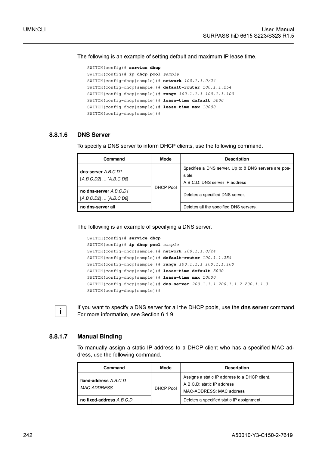 Siemens S323 DNS Server, Manual Binding, Following is an example of specifying a DNS server, 242 A50010-Y3-C150-2-7619 