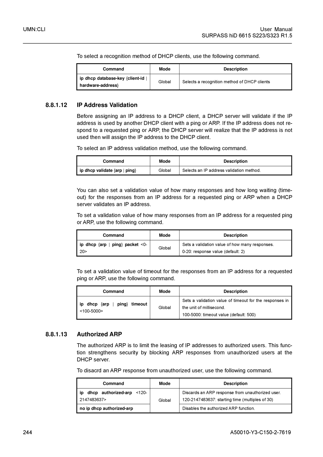 Siemens S323, S223 user manual IP Address Validation, Authorized ARP, 244 A50010-Y3-C150-2-7619 