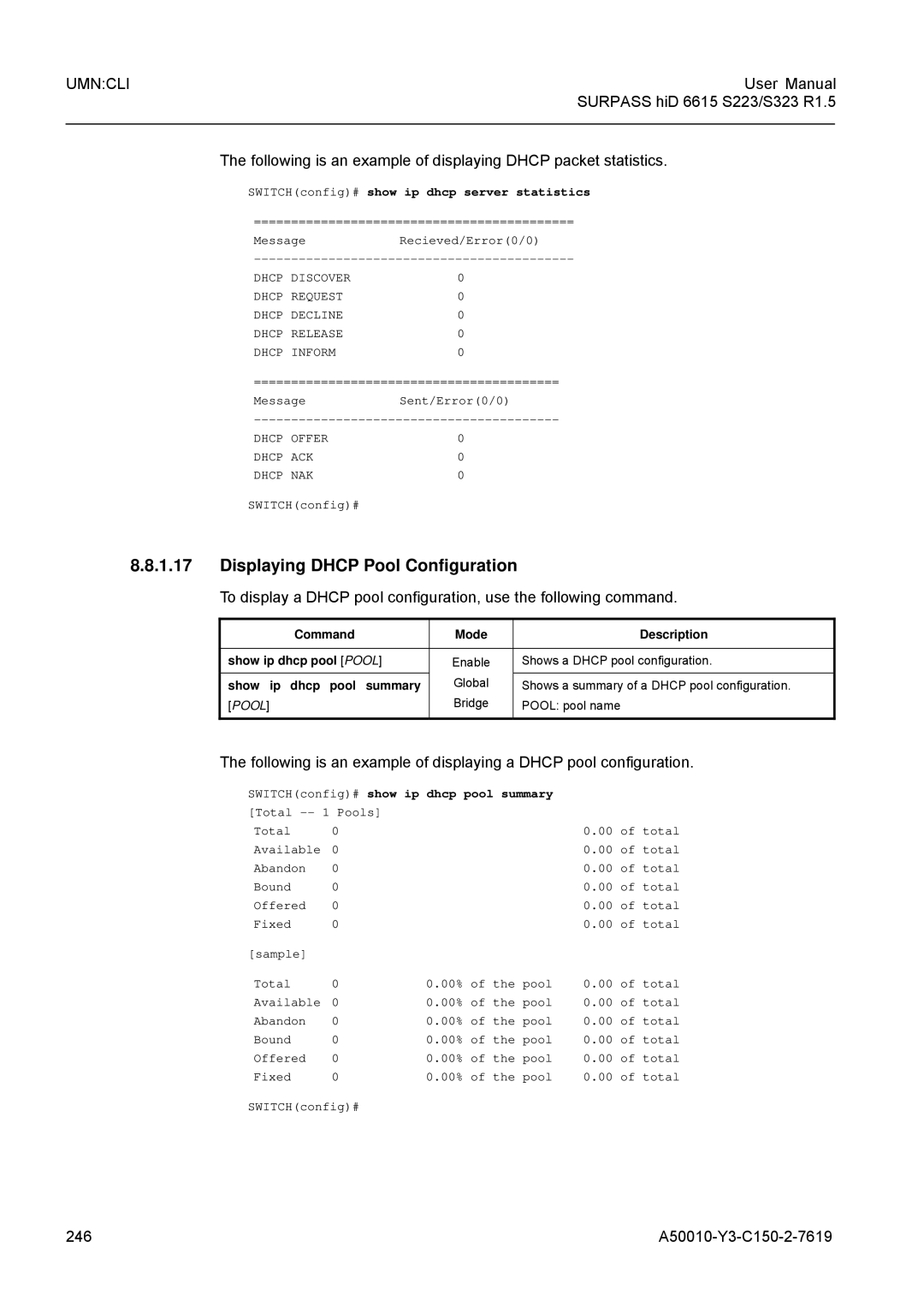 Siemens S323 Displaying Dhcp Pool Configuration, 246 A50010-Y3-C150-2-7619, SWITCHconfig# show ip dhcp server statistics 